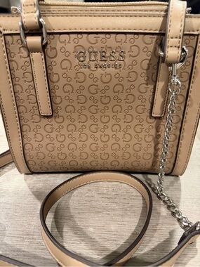 GUESS Beige Logo-Embossed Crossbody with Chain Accent